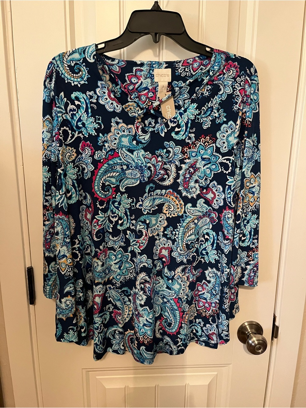 NWT Chico's Navy Paisley Criss-Cross Neckline Long-Sleeve Blouse
